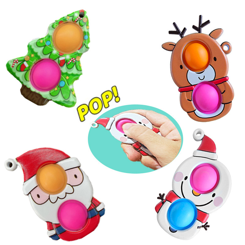 Christmas Tree Santa Claus Elk Snowman Dog Pop It Push Fidget Toy with Keychain Ring Stress Relief Autism Popit Squeeze Toys Gifts for Adult Children 