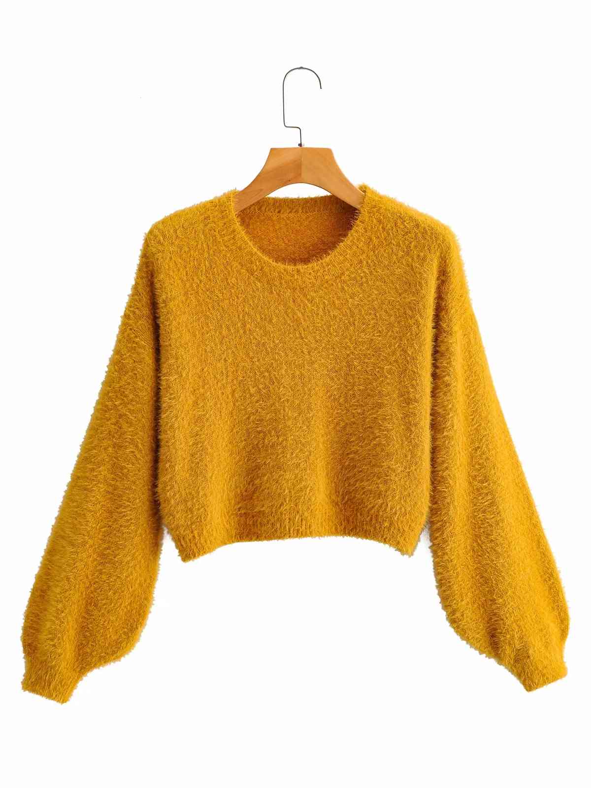 Foridol knitted cropped pullover sweater women autumn winter vintage lantern sleeve yellow fuzzy short jumper fluffy pull 210415