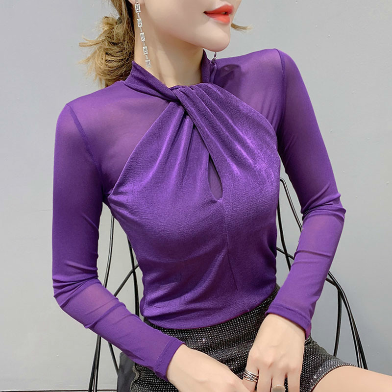 Mesh Long Sleeve Solid Women Blouse Tops Chemisier Femme Casual Slim Fit O-Neck Shirt Clothes Autumn 7300 50 210506
