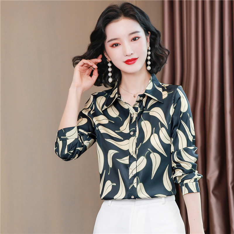 Silk Shirt Autumn Women Plus Size S-4XL Leaves Print Blouses Clothes Fashion Long Sleeve Shirts Blusas Mujer De Moda 10724 210518