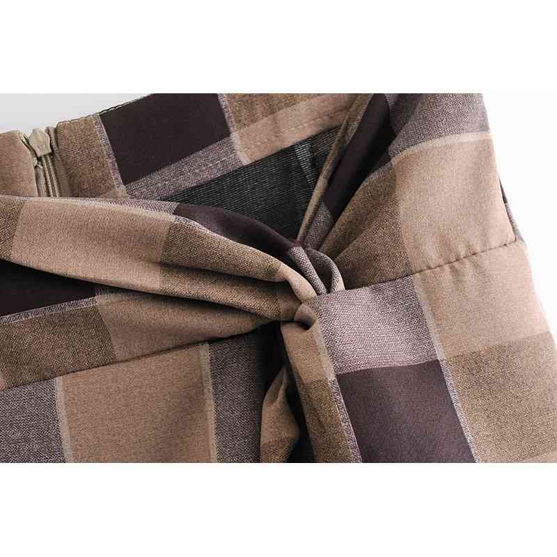 Elegant Women Brown Plaid Skirts Fashion Ladies Side Slit Streetwear Female Chic Draped High Waist Long 210430