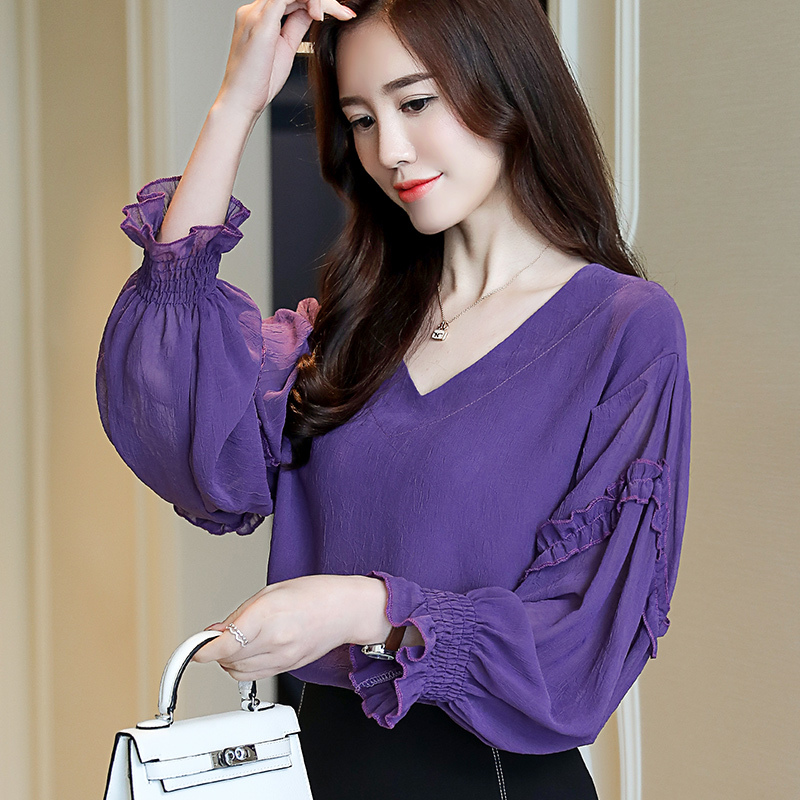 Fashion Elegant V Collar Purple Blouse Shirt 3XL Plus Size Tops Long Sleeve Women Shirts 2447 50 210415