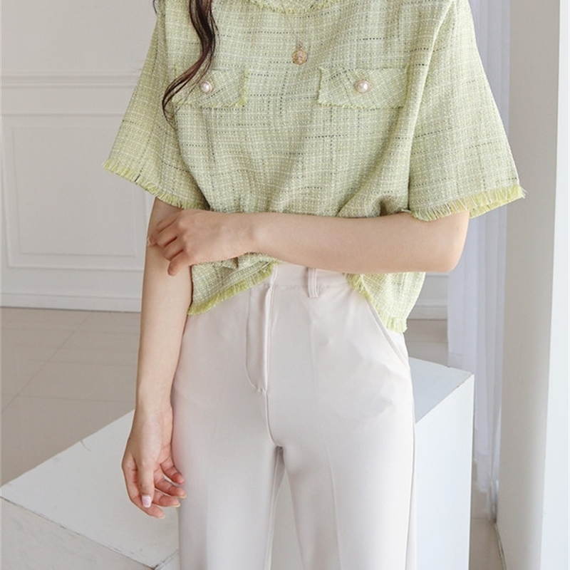 Fashion Women Thin Tweed Short Sleeve T-shirt Korea Summer Vintage Elegant Pullover Casual Top 210519