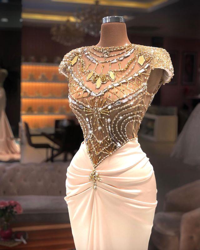 Plus Size Arabic Aso Ebi Luxurious Mermaid Sexy Prom Dresses Beaded Crystals Sheer Neck Evening Formal Party Second Reception Gowns Dress
