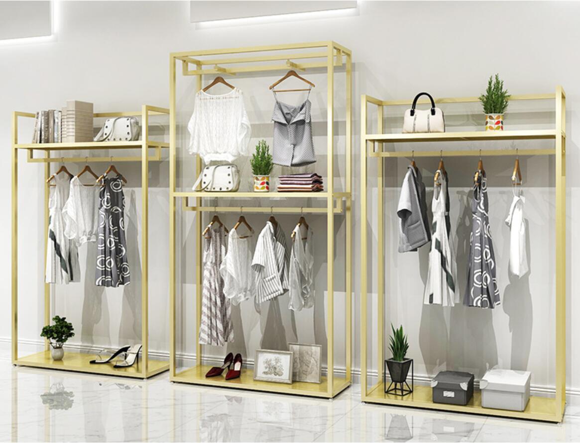 Gold Hanger men's and women's clothing store shelf Commercial Furniture clothes display rack floor type shelfs golden hangers cloth shop