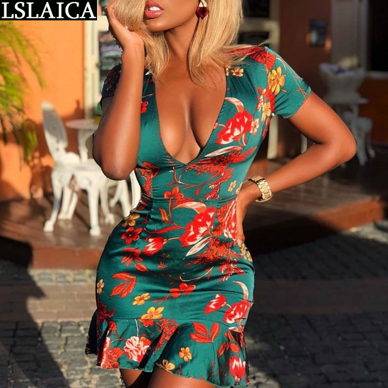Dresses for Women Short Sleeve Backless Criss-cross Bandage Deep V Neck Sexy Woman Dress Floral Print Party Club Mini Dresses 210409