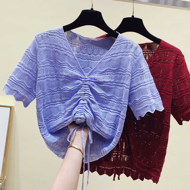 4XL plus size Fashion women's knit sweater summer thin ice silk retro crocheted V-neck short-sleeved sweater 210604, Purple