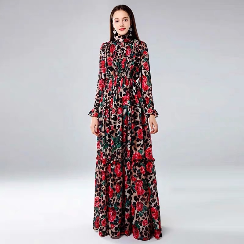 Spring Fashion Runway Maxi Dress Women's Long Sleeve Vintage Tiered Tulip Leopard Floral Printed vestidos 210421