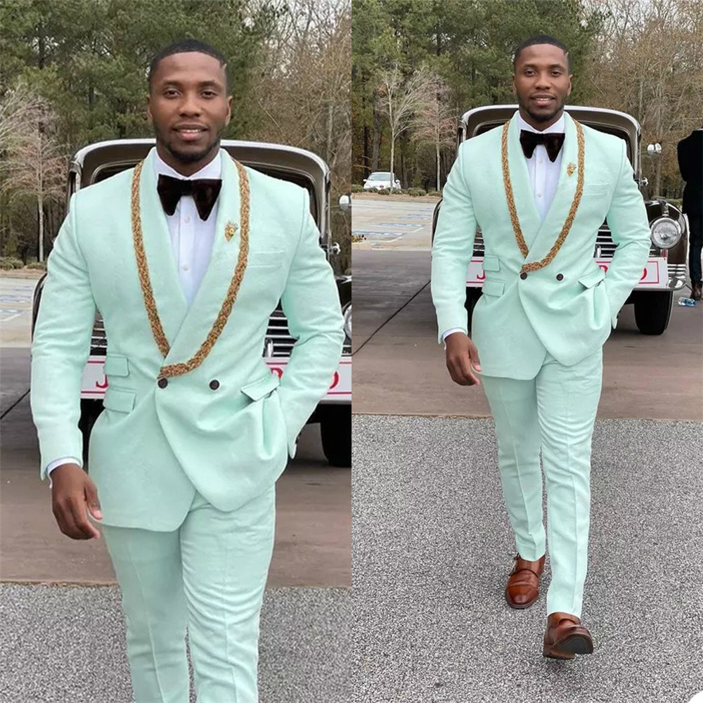 Designer Mint Green Men Customized Wedding Tuxedos Double Breasted Red Carpet Groom Wear Dinner Prom Party Blazer (Jacket+Pants)
