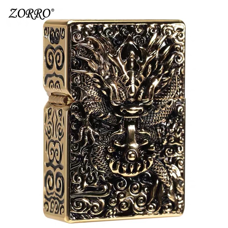 

The New ZORRO Brand Pure Copper Classic Retro Grinding Wheel Flint Windproof Kerosene Lighter Armor Dragon Is Available for Collection