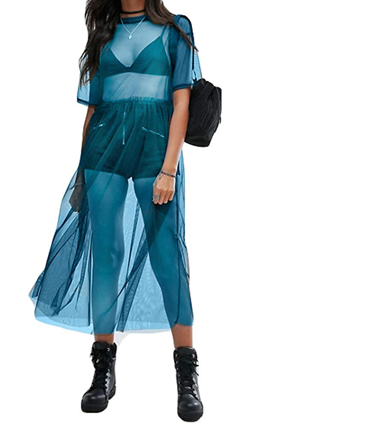 Women Dress Hollow Out Transparent Short Regular Sleeve Round Neck Solid Color High Waist See-through Loose Clothing 210522