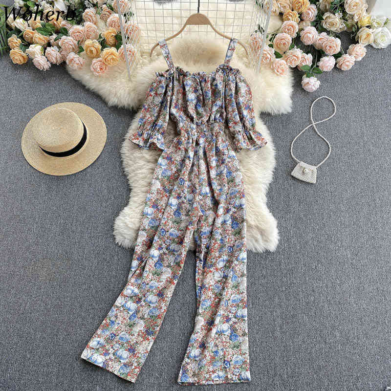 Women's Jumpsuit Summer Fashion Playsuit Sexy Off Shoulder Short Sleeve Elastic Waist Wide Leg Pants Floral Print Romper 210519