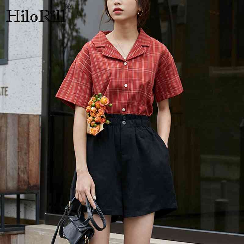 Elegant Notched Collar Plaid Blouse Batwing Short Sleeve Office Casual Shirt Summer Loose Ladies Tops Vetement Femme 210508