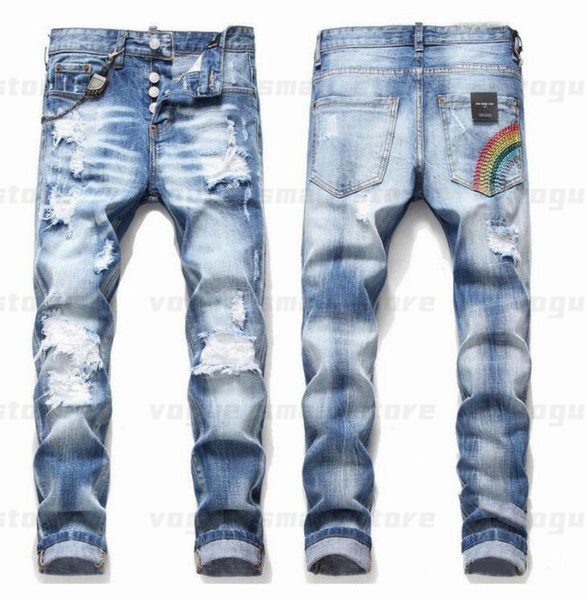 Mens Cool Rips Stretch Designer Jeans Distressed Ripped Biker Slim Fit Washed Motorcycle Denim Men s Hip Hop Fashion Man Pants 2021I55S, 1052