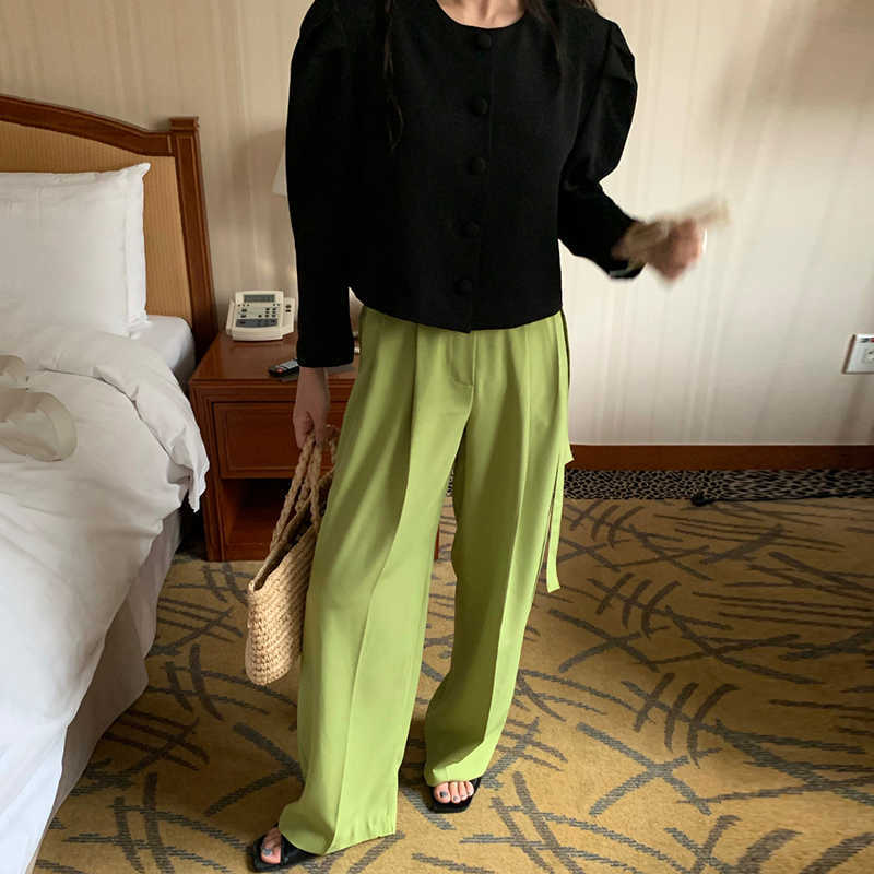 Korejpaa Women Pants Summer Korean Chic Simple Versatile High-Waisted Side-Tied Wide Loose Drape Wide-Leg Suit Casual Pant 210526