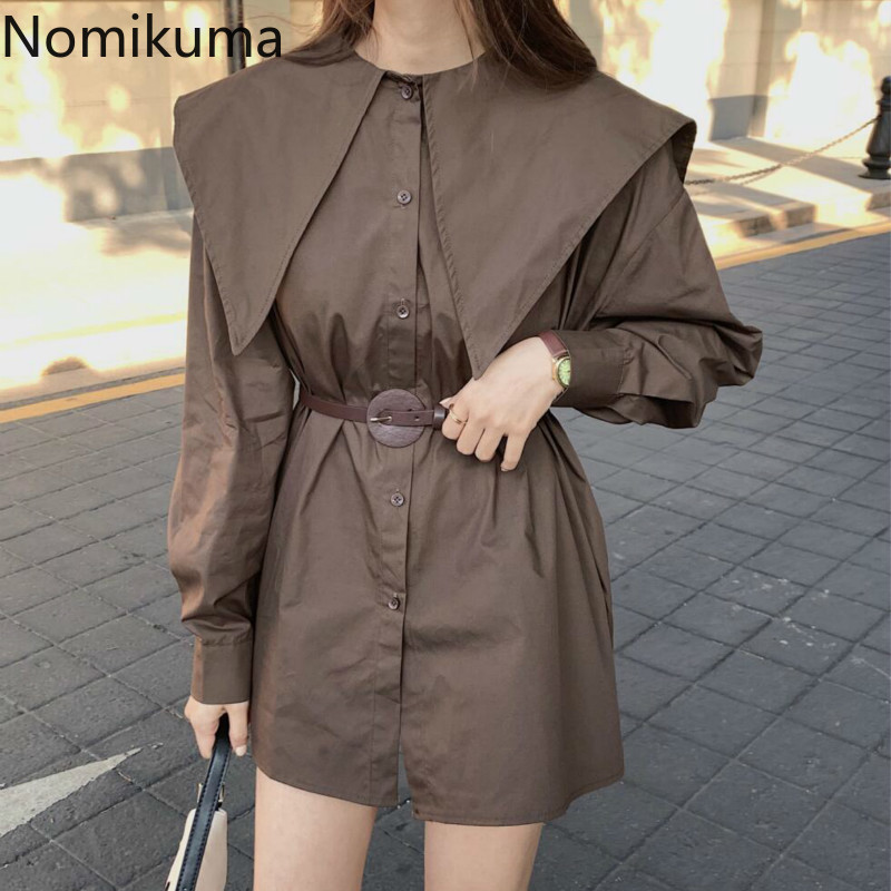 Nomikuma Spring Korean Women Blouse Sweet Peter Pan Collar Shirt Belt Slim Waist Medium-long Blusas Feminimos Top 6D846 210427
