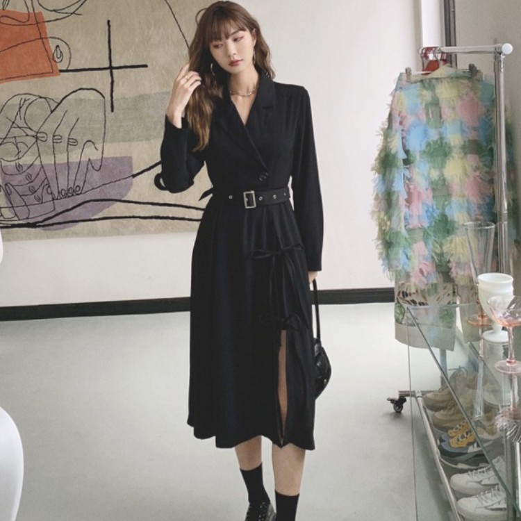 High Quality Women Black Office Ladies Sexy Split Dress Elegant Spring Notched Long Sleeve Casual Belted Midi Dresses Vestido 210519