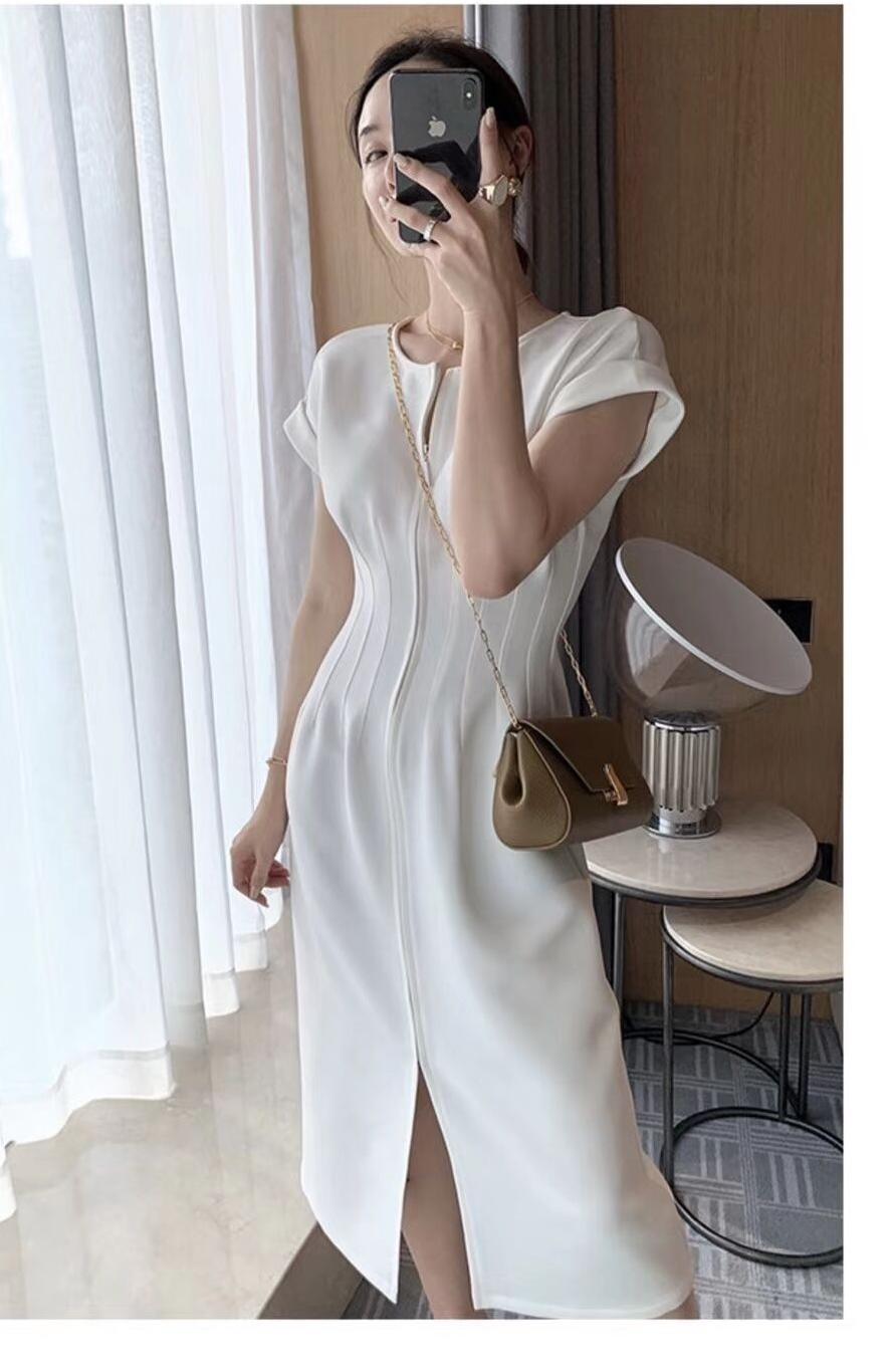 Elegant O-neck Short Sleeve Front Zipper Female Midi Dress Office Ladies Slim Waist Split Women Workwear 210429