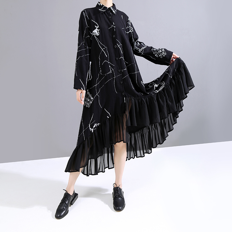 New Woman Plus Size Autumn Long Sleeve Black Vintage Shirt Dress Printed Chiffon Ruffles Lady Casual Dress Robe Loose Style 6505 210409
