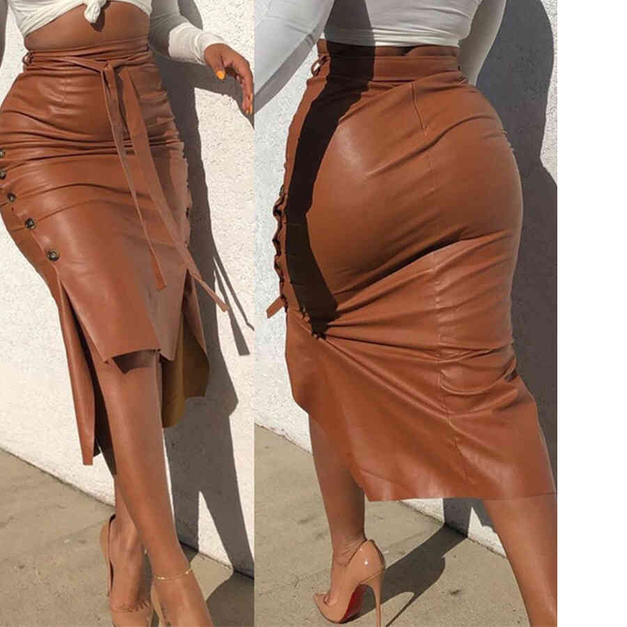 Autumn Winter PU Leather Skirt High Waist Solid Red Button Split Bodycon Elegant Work Business Office Wear Skirts 210510
