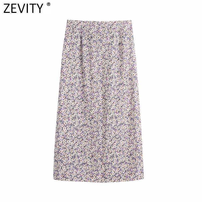 Zevity Women Vintage Floral Print Single Breasted Split Purple Skirt Faldas Mujer French Style Female Chic Party Vestidos QUN756 210621