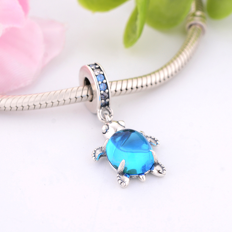 Fit Original Brand Charm Bracelet Authentic 925 Silver Cute Animal Tortoise Deep Blue Murano Glass Turtle Pendant Bead For Making Berloque