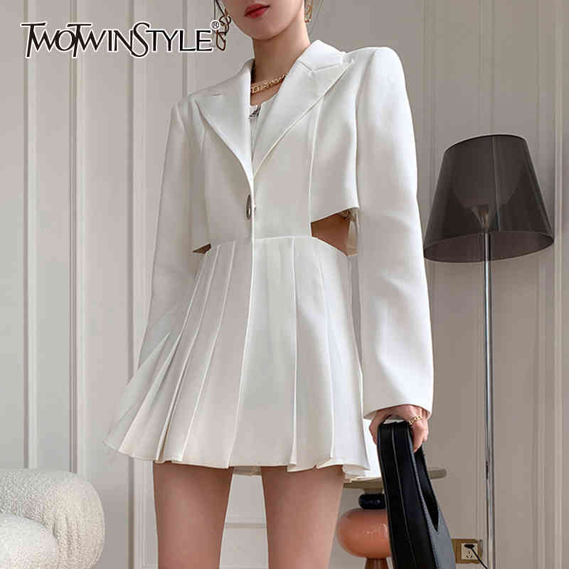 TWOTWINSTYLE Preppy Style White Sets For Women Lapel Long Sleeve Tops Pleated Skirt Hollow Out Casual Set Female Autumn 210517