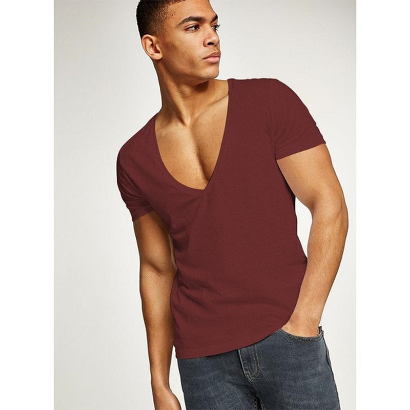 T Shirts Men Deep V Neck Short Sleeve Tshirts Summer Streetwear Casual Solid Slim Polyester Tees Gym Fitness Boxing T Shirt Tops