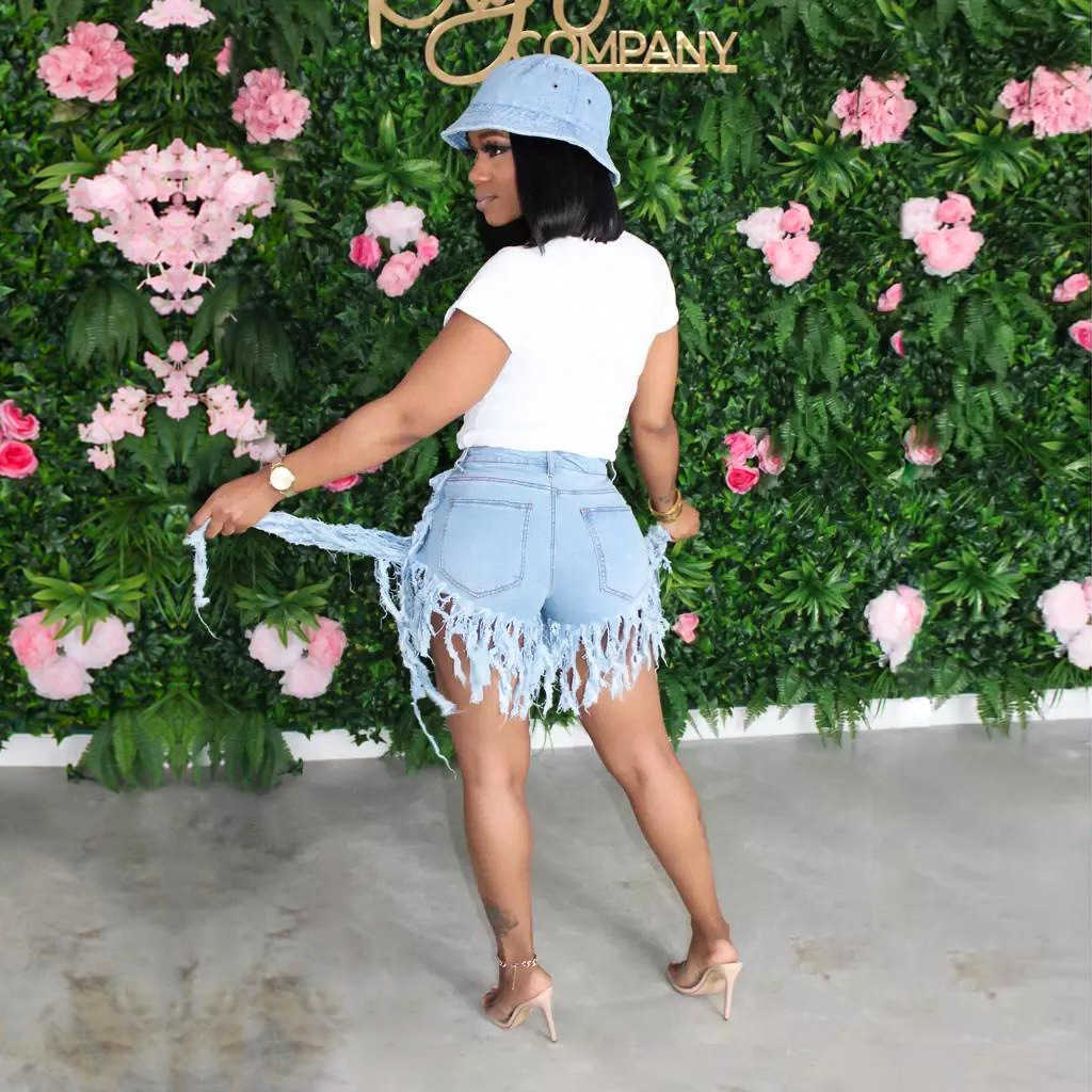 Tassel Denim Shorts Women Elastic High Waist Sexy Rave Short Jeans Casual Biker Streetwear 210714