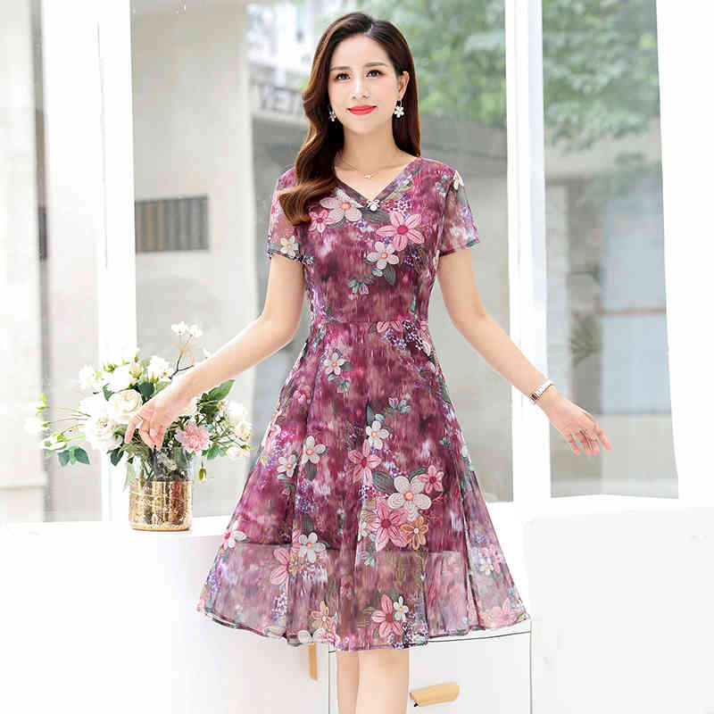 Middle-aged V Neck Women Dress Summer Chiffon Mid-Length Short-Sleeved Plus Size Printed elegant dress 821G 210420