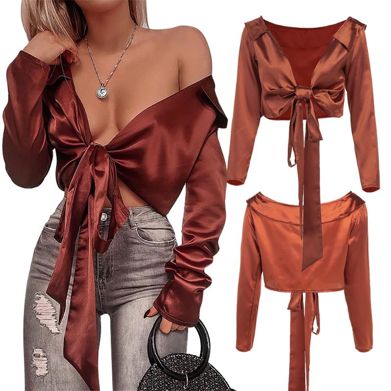 Women' Blouses & Shirts Sexy Long Sleeve Lace Up Satin Silk Women Blouse Shirt Ladies Tops Summer Solid Red/Yellow/Green Short Casual V Nec
Women' Blouses & Shirts Sexy Long Sleeve Lace Up Satin Silk Women Blouse Shirt Ladies Tops Summer Solid Red/Yellow/Green Short Casual V Nec