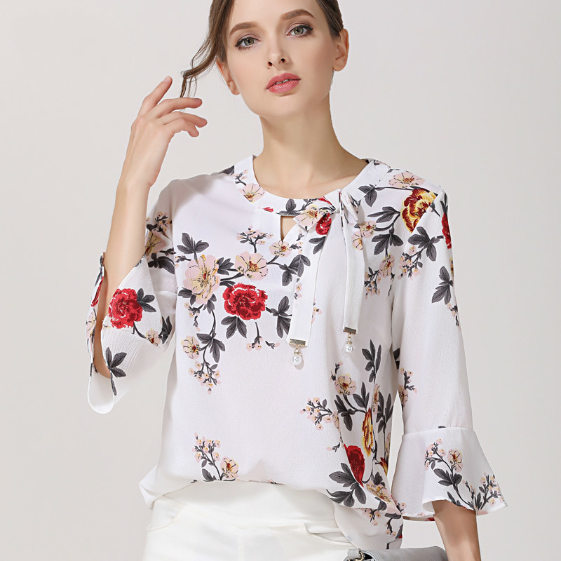 Fashion Printed Chiffon Women Blouses Shirt Floral Flare Sleeve Summer Ladies Tops Feminine Blusas D278 30 210506