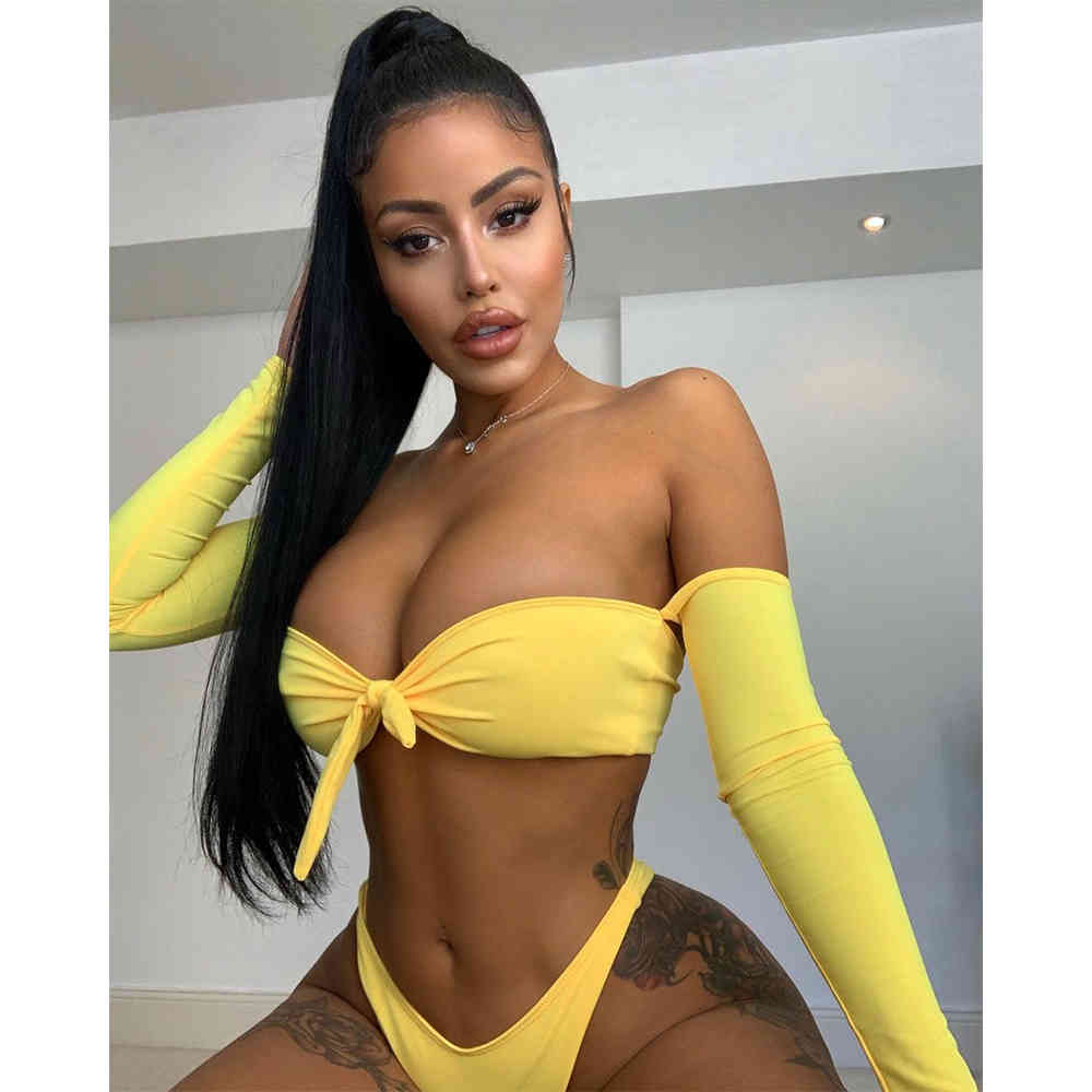 Sexy Bikini Off Shoulder Swimwear Women Long Sleeve Swimsuit Female Bow-Knot Push Up Bathing Suits Beach Wear Swimming Suit 210521