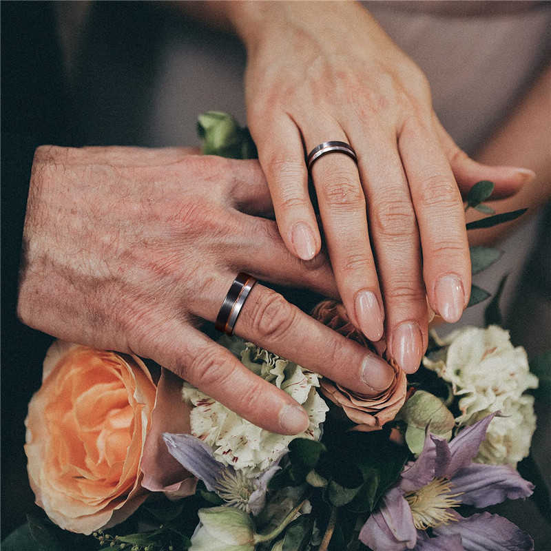 TIGRADE Ring Men Tungsten Black Rose Gold Line Brushed 6/8mm Wedding Band Engagement Men's Party Jewelry Bague Homme 210610