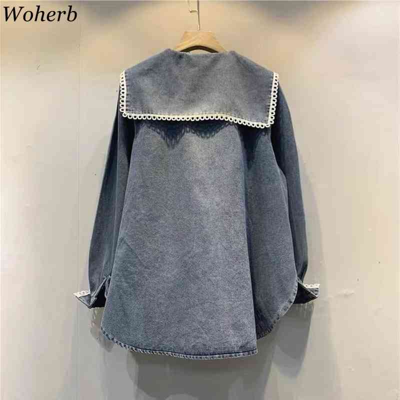 Denim Shirts for Women Spring Peter Pan Collar Long Sleeve Simple Blouse Korean Loose Elegant Oversize Jean Tops 210519