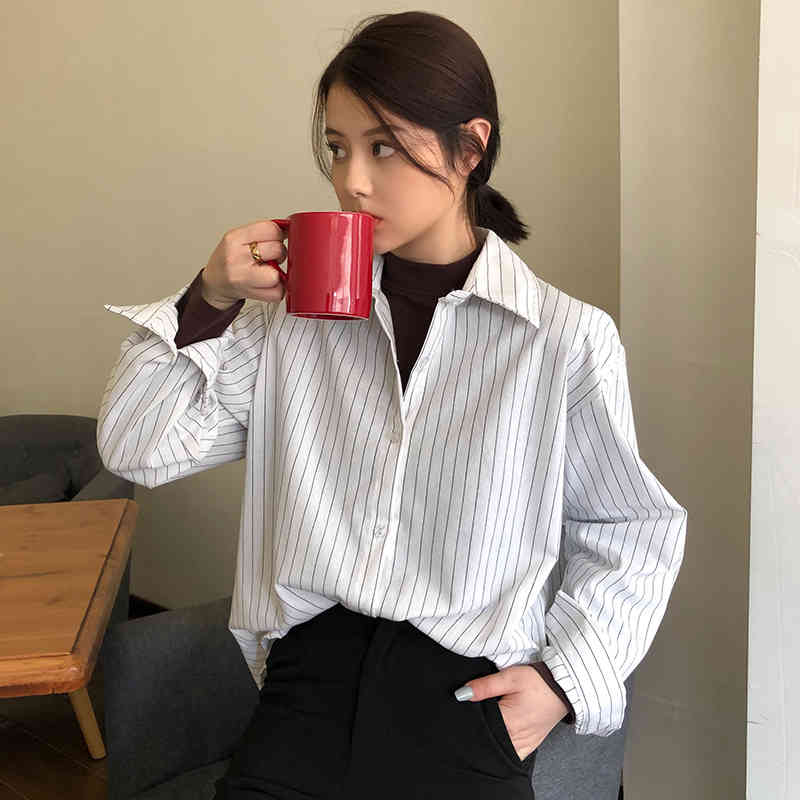 Casual Loose Shirts Spring Autumn Women Striped Shirt Vintage Long Sleeve Blouse Plus Size Fashion Female Tops 11097 210506