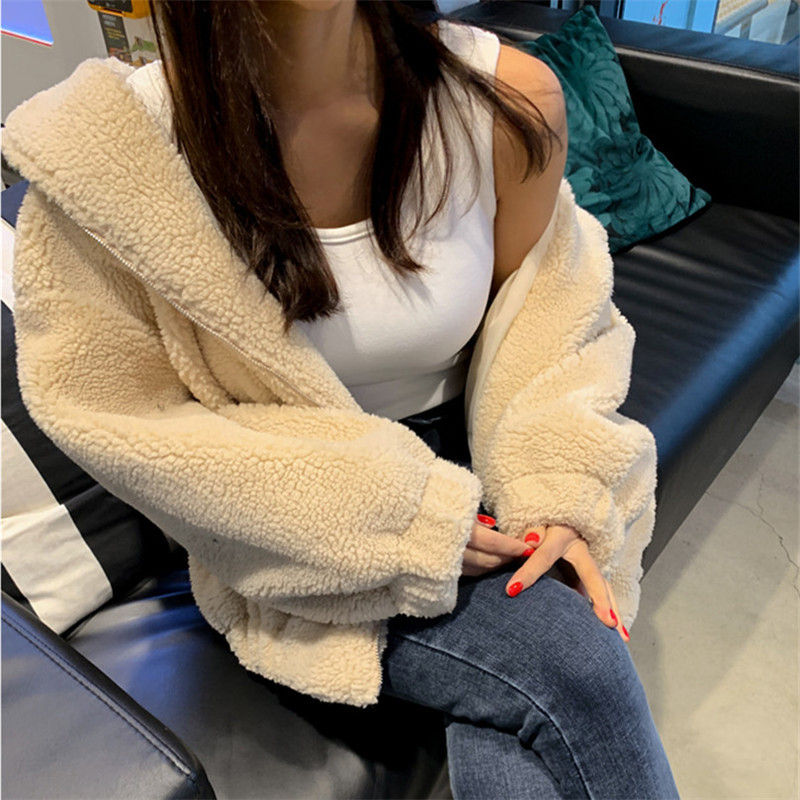 Autumn Winter OL Plus Size Casual Faux Lambwool Coat Women Hooded Fur Jacket Loose Solid Thick Warm Coats Female 210421