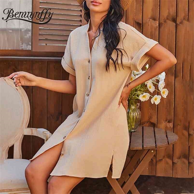 Notched Neck Loose Casual Shirt Dress Women Fashion Button Up Solid Mini es Summer Woman Short Sleeve 210510