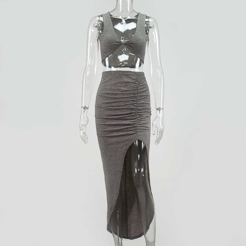 Colysmo Summer Long Skirts Sets Women Sleeveless Crop Top Ruched Skirt Two Piece Set Gray Casual Club Outfits 210527