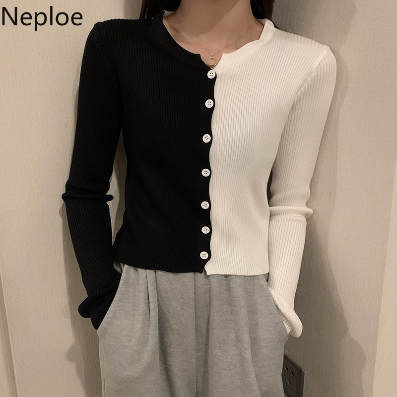 Neploe Contrast Color Sweaters for Women Knitted Cropped Cardigan O-neck Long Sleeve Slim Sueter Coat Korean Chic Tops 210422