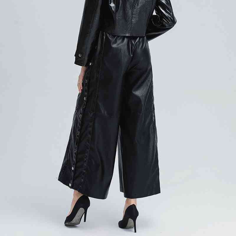 Casual PU Full Length Pant For Women High Waist Patchwork Loose Black Wide Leg Trousers Female Autumn Clothing 210521