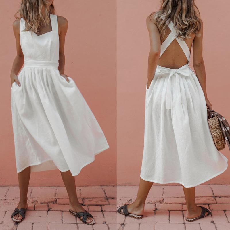 Women 2021 Summer Boho Dress Strappy Long Maxi Sexy Button Waist Backless Party Red Beachwear Sundress Casual Dresses