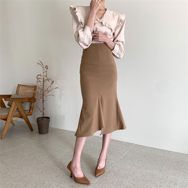 Fashion Slim Sexy Women Mermaid Office Lady Chic Elegance Trumpets Female All Match Streetwear Long Skirts 210421