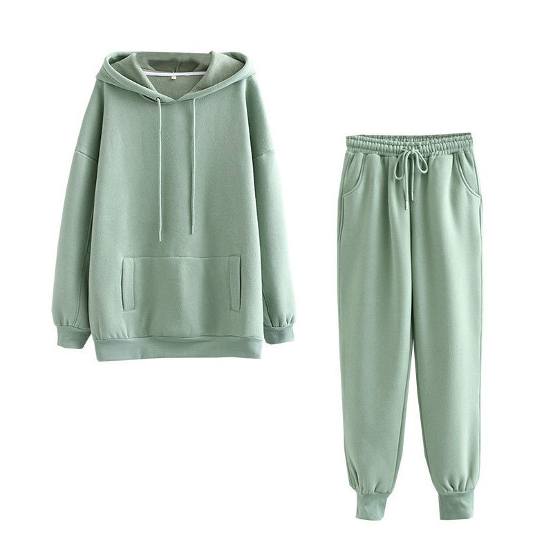 Autumn Winter Hooded Hoodies Sweatshirt Suits Women New Thick Fleece Cotton Suit 2 pieces Sets Full Length Pants Suits 210413
