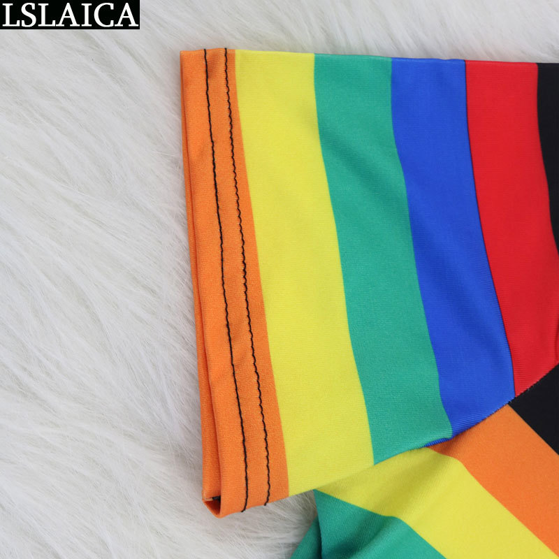 Fashion two piece set women short tops&shorts colorful rainbow striped print outfits casual elegant sets 210515