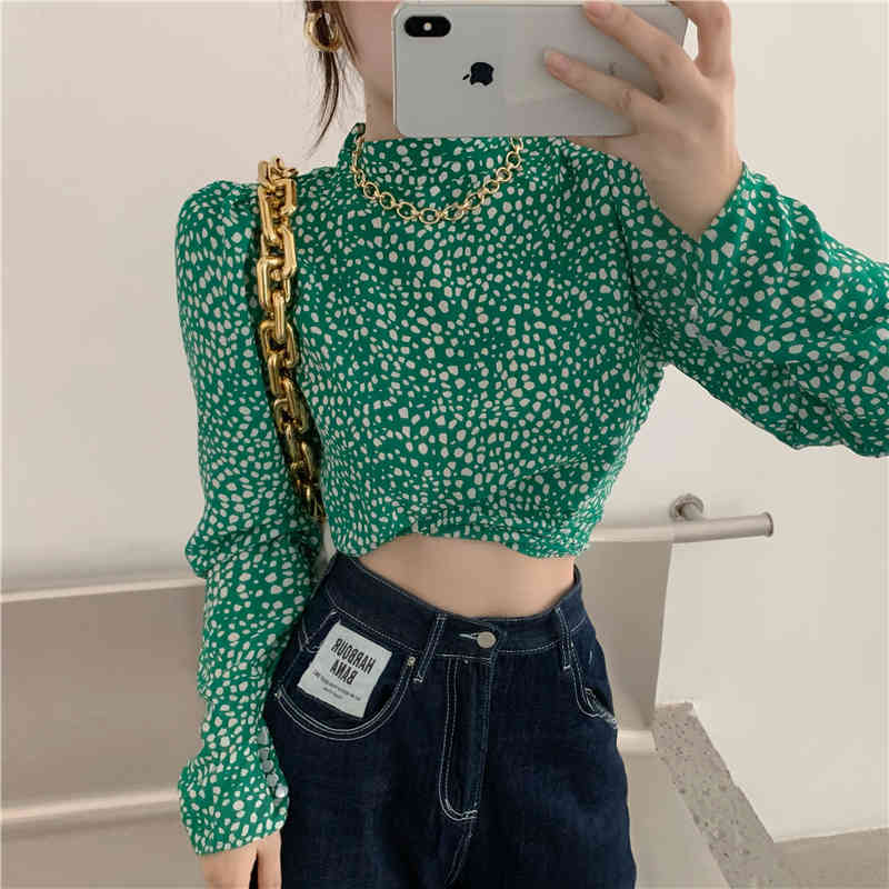 Sexy Backless Green Chiffon Floral Print Women Blouse Shirt O Neck Puff Long Sleeve Short Bloused Lace Up Ladies Blusas 210519