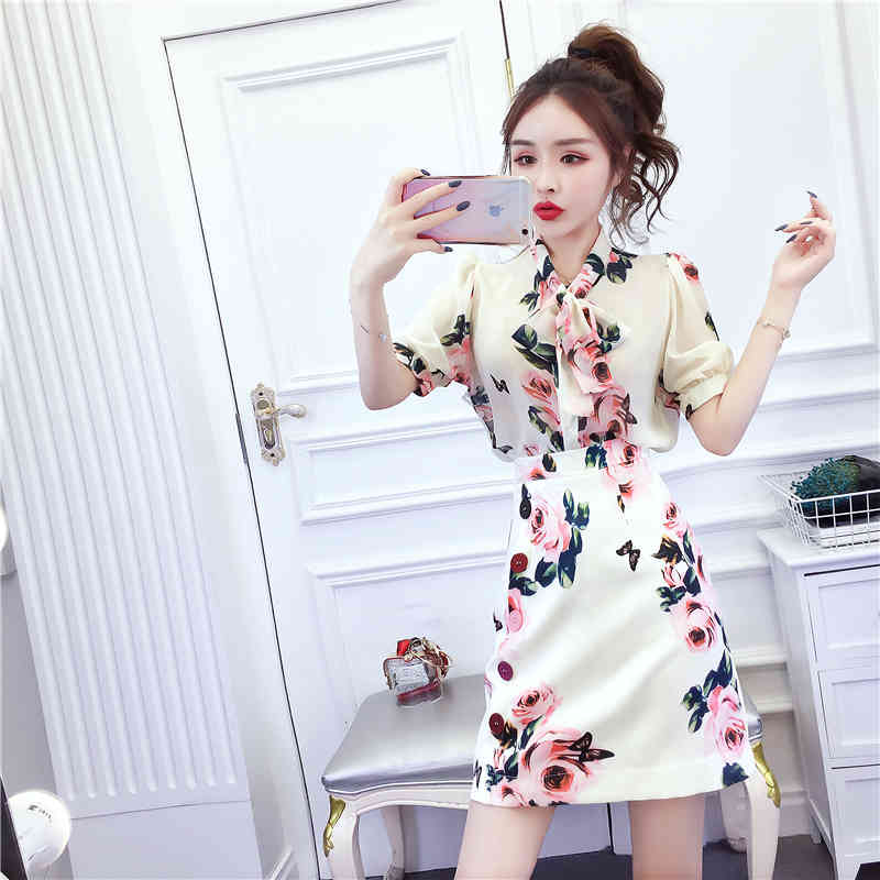Fashion Women's Summer Two Piece Set Sweet Bowtie Flower Print Chiffon Blouse + High Waist A-Line Skirt Suit 210519