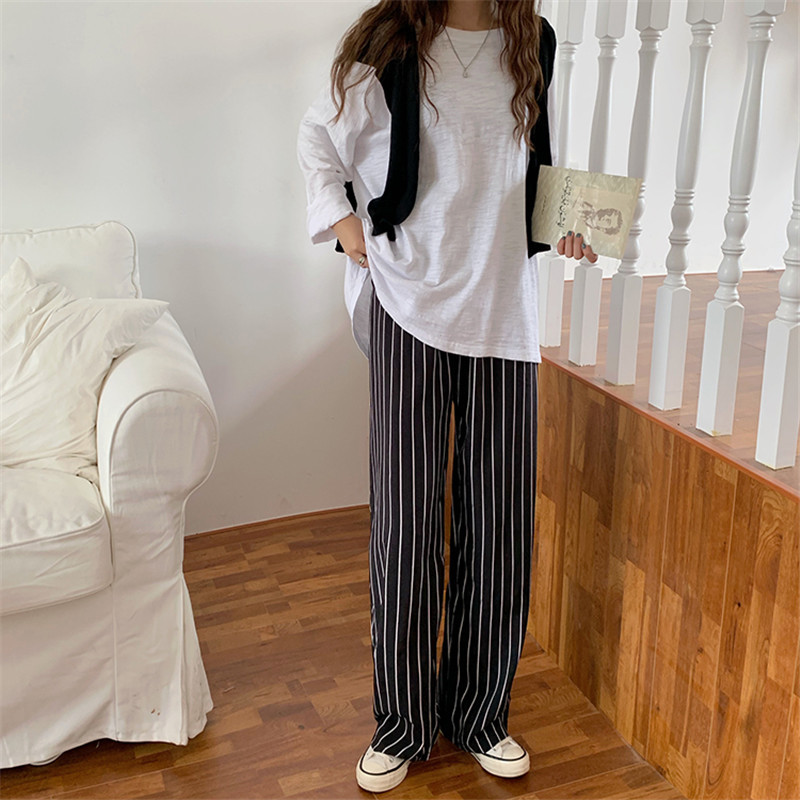 Minimalist Wide Leg Pants Women Bottoms Autumn Spring Stylish Office Lady High Waist Straight Striped Female 210421