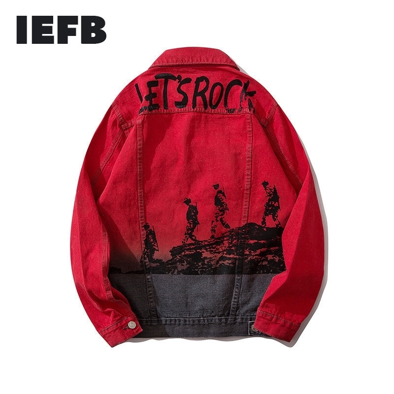 IEFB Men's Red Denim Jacket Trend All-match Work Clothes Hip-hop Loose Big Size Jeans Coat For Men Letter Print Clothing 9Y355 210524