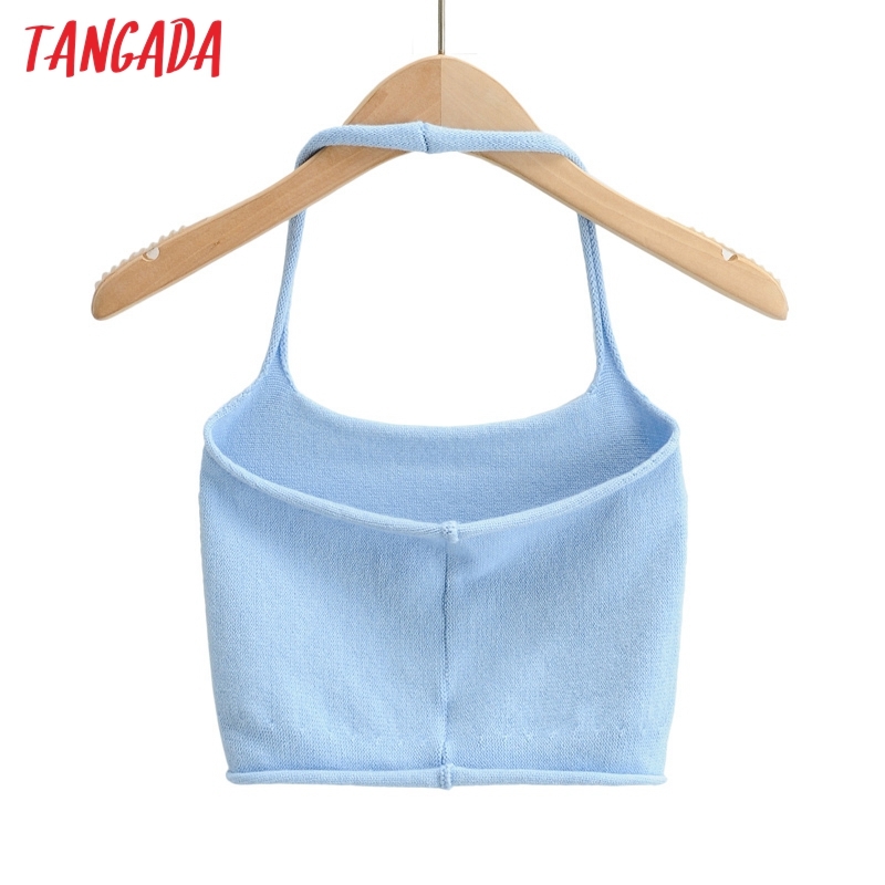 Women Knit Halter Camis Crop Top Spaghetti Strap Sleeveless Backless Short Shirts Female Casual Solid Tops 4P55 210416